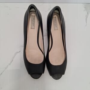 Cole Haan Women Open Toe Pumps Leather 2.5 Inch Brown Block Heel Black Size-8.5B